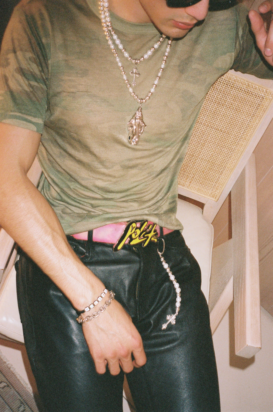 The Mary Pearl Necklace worn long, layered under a shorter pearl necklace