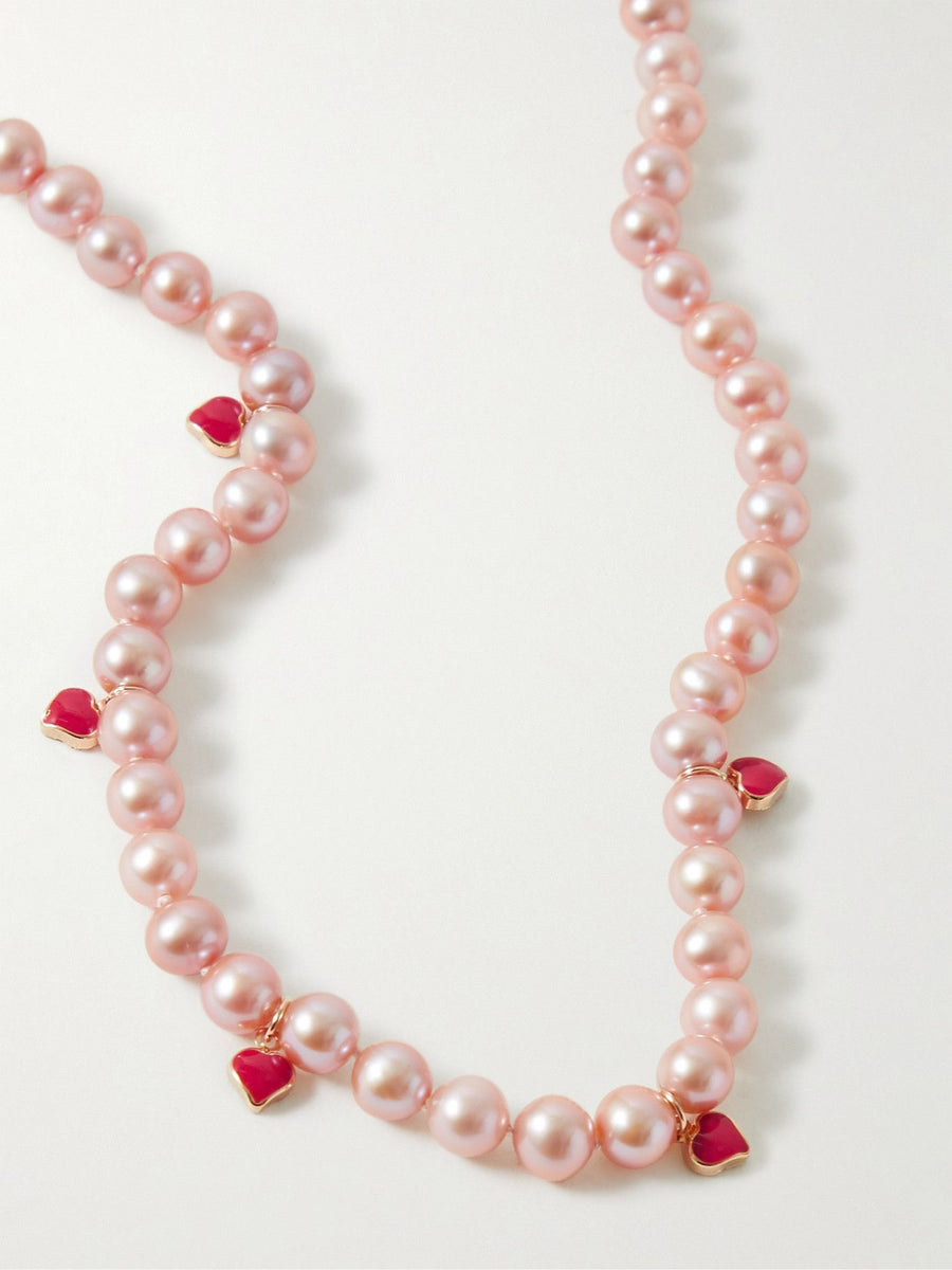 The Lover Pearl Necklace, pink freshwater pearls with red enamel heart charms