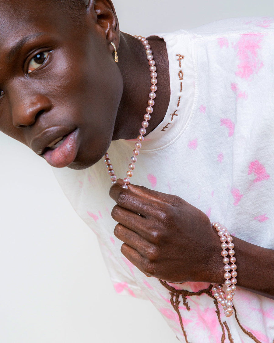 The Pink Pearl Necklace worn with a hand painted Polite tee