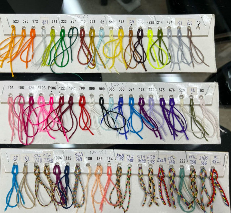 The Polite cord color chart: numbered satin cords in dozens of colors